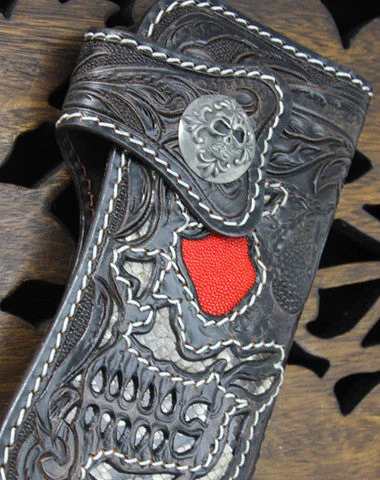 Inspired Bags For Modern Sophistication Handmade black coffee leather punk skull carved biker wallet Long wallet clutch for men Inspired Bags For Modern Sophistication Handmade black coffee leather punk skull carved biker wallet Long wallet clutch for men
